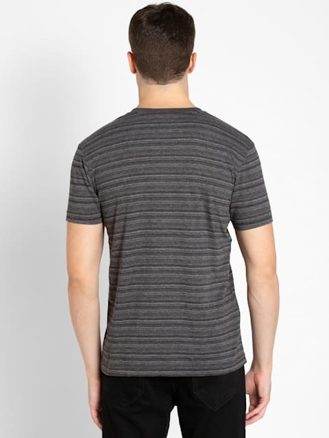 Men's Super Combed Cotton Rich Striped V Neck Half Sleeve T-Shirt - Black