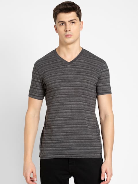 Men's Super Combed Cotton Rich Striped V Neck Half Sleeve T-Shirt - Black