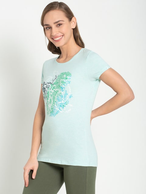 Women's Super Combed Cotton Elastane Stretch Regular Fit Graphic Printed Round Neck Half Sleeve T-Shirt - Blue tint melange print
