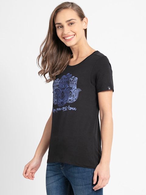 Women's Super Combed Cotton Elastane Stretch Regular Fit Graphic Printed Round Neck Half Sleeve T-Shirt - Black