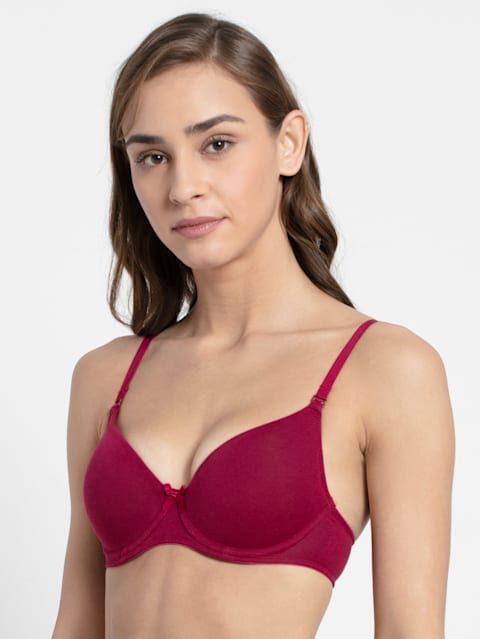 Women's Under-Wired Padded Super Combed Cotton Elastane Stretch Medium Coverage Multiway Styling T-Shirt Bra with Detachable Straps - Beet Red