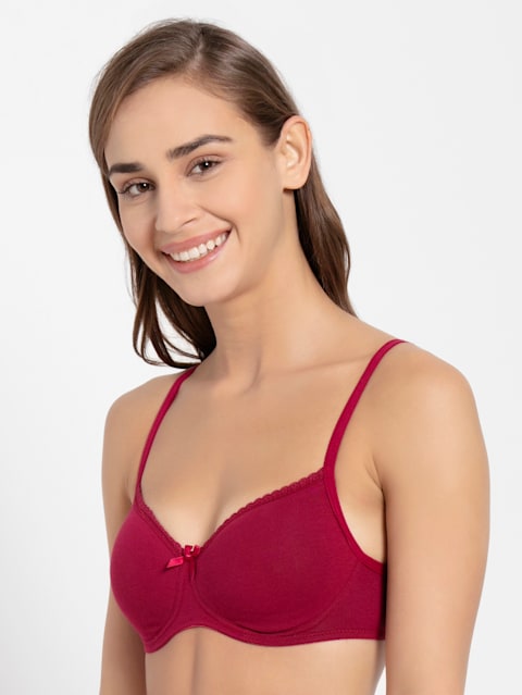 Women's Wirefree Padded Super Combed Cotton Elastane Stretch Medium Coverage Lace Styling T-Shirt Bra with Adjustable Straps - Beet Red