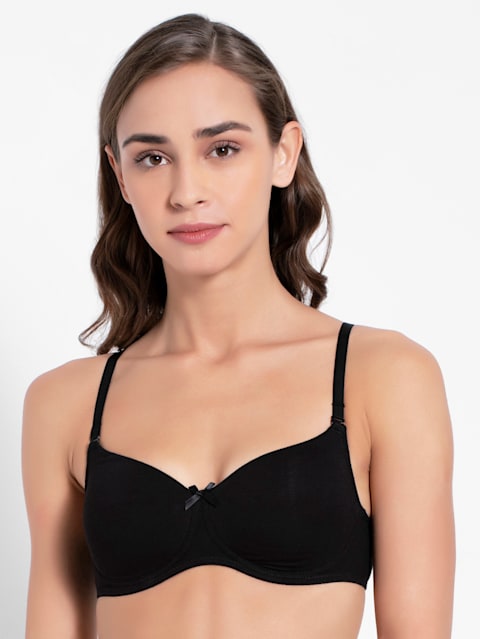 Women's Wirefree Padded Super Combed Cotton Elastane Stretch Medium Coverage Multiway Styling T-Shirt Bra with Detachable Straps - Black