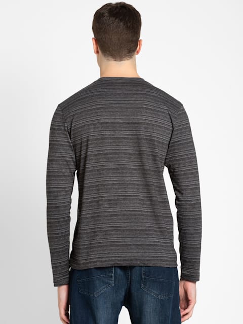 Men's Super Combed Cotton Rich Striped V Neck Full Sleeve T-Shirt - Black