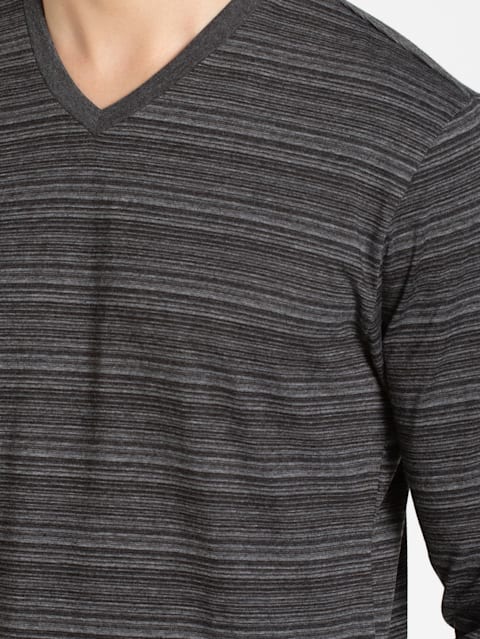 Men's Super Combed Cotton Rich Striped V Neck Full Sleeve T-Shirt - Black