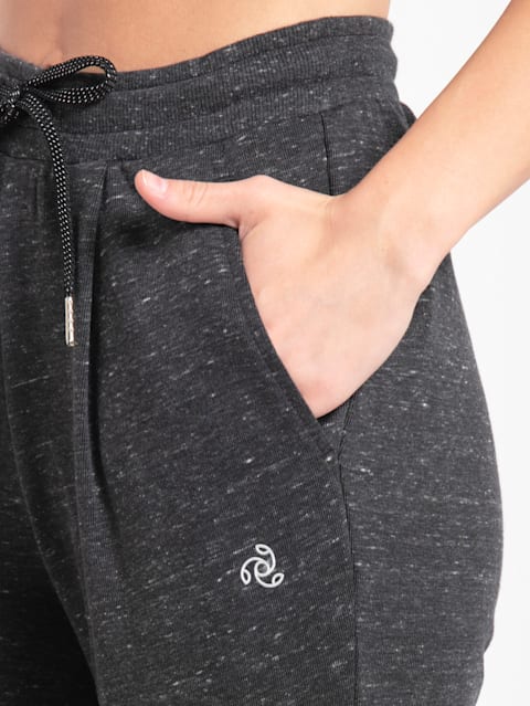 Women's Polyester Super Cotton Interlock Fabric Slim Fit Joggers With Side Pockets - Black Snow Melange