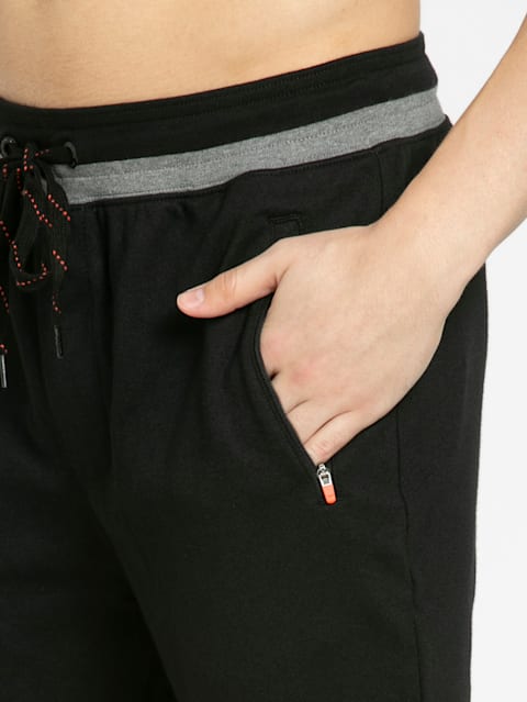 Men's Super Combed Cotton Rich Pique Fabric Slim Fit Joggers with Zipper Pockets - Black