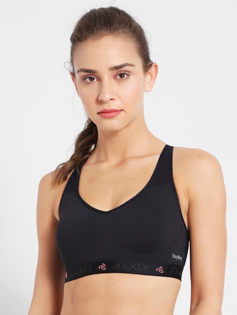 Women's Wirefree Padded Tactel Nylon Elastane Stretch Full Coverage Optional Cross Back Styling Sports Bra with Stay Dry Treatment - Black