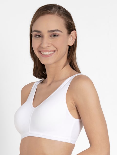 Women's Wirefree Padded Super Combed Cotton Elastane Stretch Full Coverage Sleep Bra with Removable Pads and Ultrasoft Underband - White
