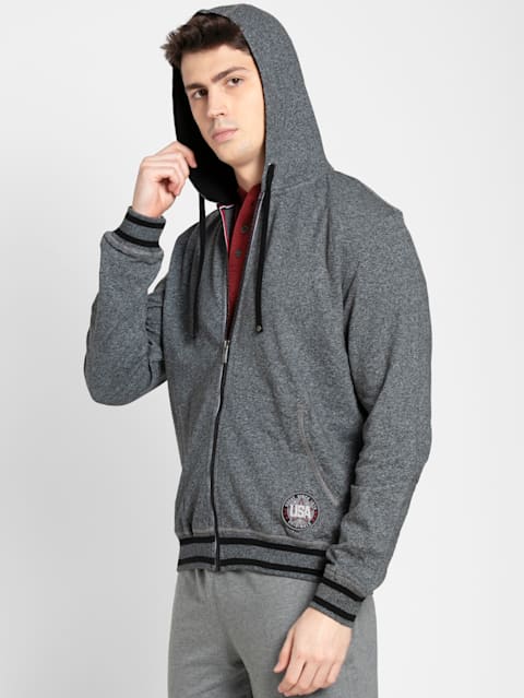 Men's Super Combed Cotton French Terry Hoodie Jacket with Ribbed Cuffs and Convenient Side Pockets - Black Grindle