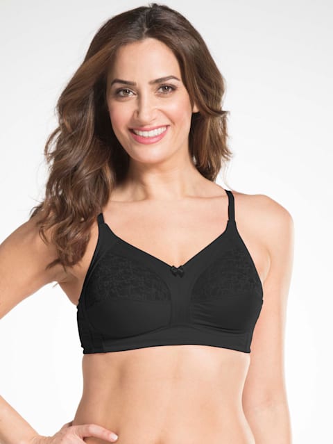 Women's Wirefree Non Padded Super Combed Cotton Elastane Stretch Full Coverage Plus Size Bra with Lace Styling and Adjustable Straps - Black