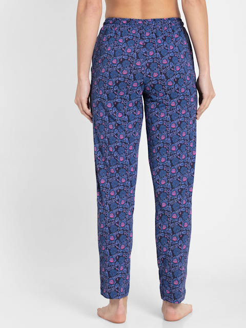 Women's Micro Modal Cotton Relaxed Fit Printed Pyjama with Lace Trim on Pockets - Classic Navy Assorted Prints