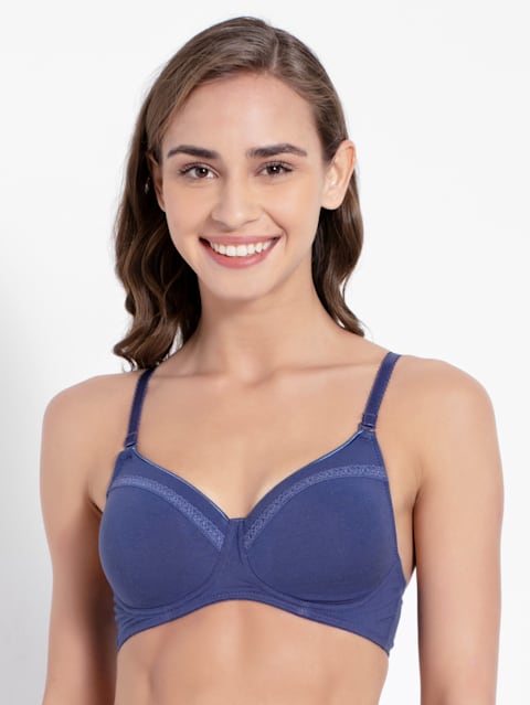 Women's Wirefree Padded Super Combed Cotton Elastane Stretch Full Coverage Multiway Styling T-Shirt Bra with Detachable Straps - Deep Cobalt