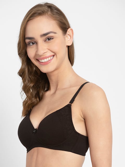 Women's Wirefree Padded Super Combed Cotton Elastane Stretch Full Coverage Multiway Styling T-Shirt Bra with Detachable Straps - Black
