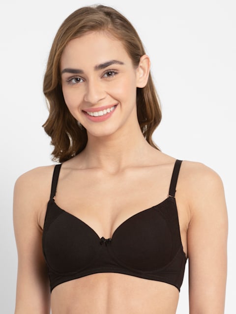 Women's Wirefree Padded Super Combed Cotton Elastane Stretch Full Coverage Multiway Styling T-Shirt Bra with Detachable Straps - Black