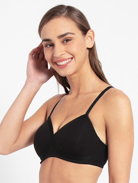 Women's Wirefree Padded Super Combed Cotton Elastane Stretch Full Coverage T-Shirt Bra with Cross Over Fit and Adjustable Straps - Black