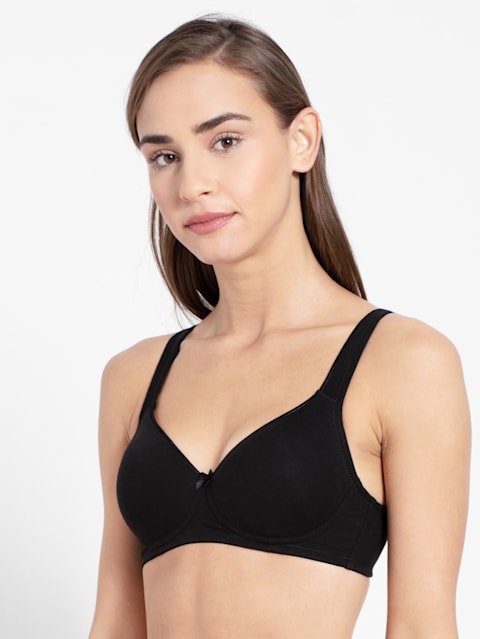 Women's Wirefree Padded Super Combed Cotton Elastane Stretch Full Coverage T-Shirt Bra with Broad Fabric Straps - Black