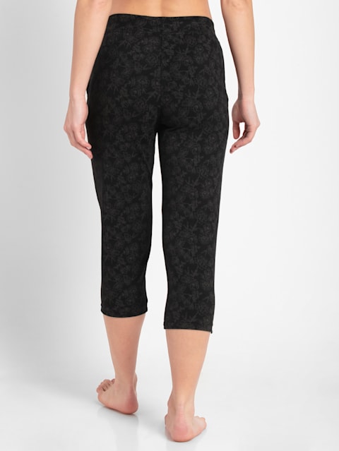 Women's Super Combed Cotton Elastane Stretch Slim Fit Printed Capri with Side Pockets - Black Printed