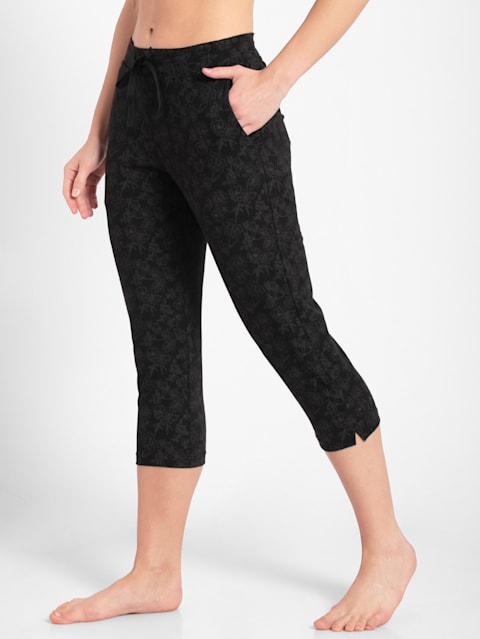 Women's Super Combed Cotton Elastane Stretch Slim Fit Printed Capri with Side Pockets - Black Printed
