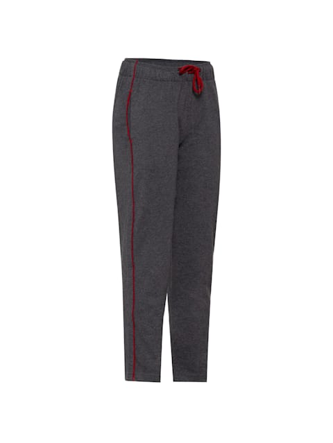 Boy's Super Combed Cotton Rich Graphic Printed Trackpants with Piping Design and Side Pockets - Charcoal Melange & Shanghai Red