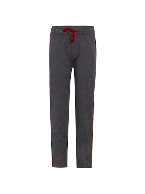 Boy's Super Combed Cotton Rich Graphic Printed Trackpants with Piping Design and Side Pockets - Charcoal Melange & Shanghai Red