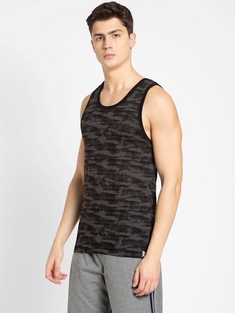 Men's Super Combed Cotton Rich Graphic Printed Low Neck Tank Top With Stay Fresh Treatment - Black print