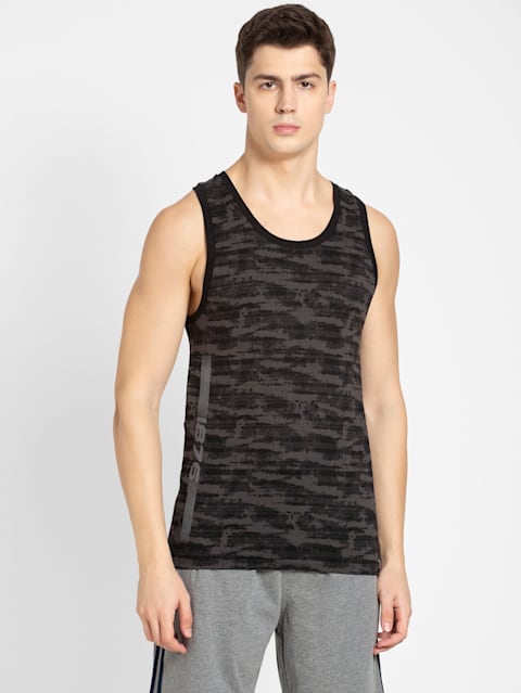 Men's Super Combed Cotton Rich Graphic Printed Low Neck Tank Top With Stay Fresh Treatment - Black print