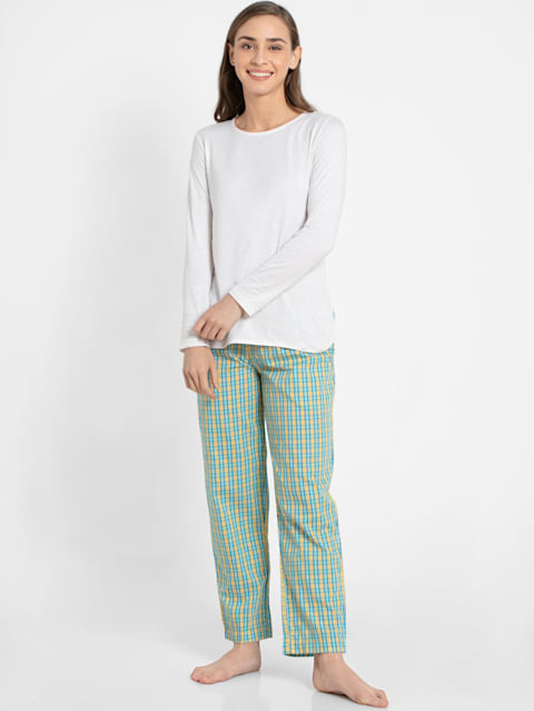 Women's Super Combed Cotton Woven Fabric Relaxed Fit Checkered Pyjama with Side Pockets - Banana Cream Assorted Checks