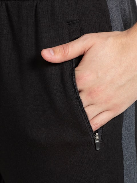 Men's Super Combed Cotton Rich Slim Fit Dual Tone Joggers with Zipper Pockets - Black & True Black Melange