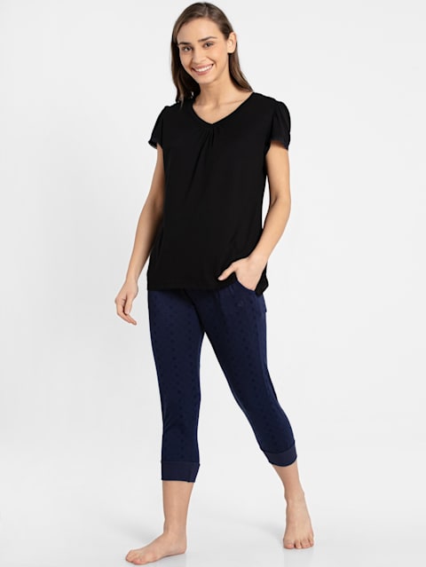 Women's Micro Modal Cotton Slim Fit Ribbed Cuff Capri with Side Pockets - Classic Navy