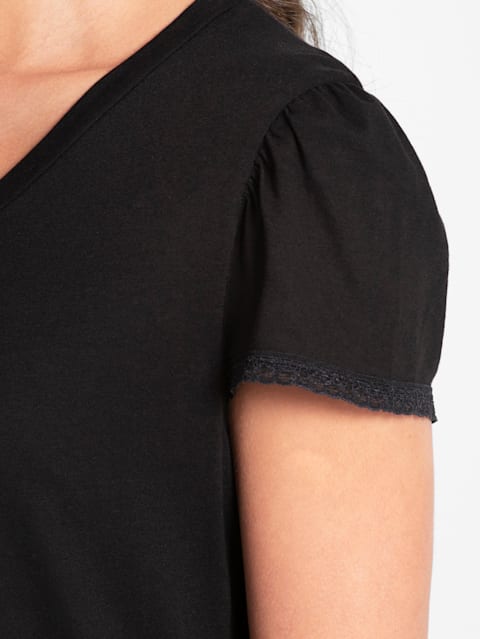 Women's Micro Modal Cotton Relaxed Fit Solid V Neck Half Sleeve T-Shirt with Lace Trim On Sleeves - Black