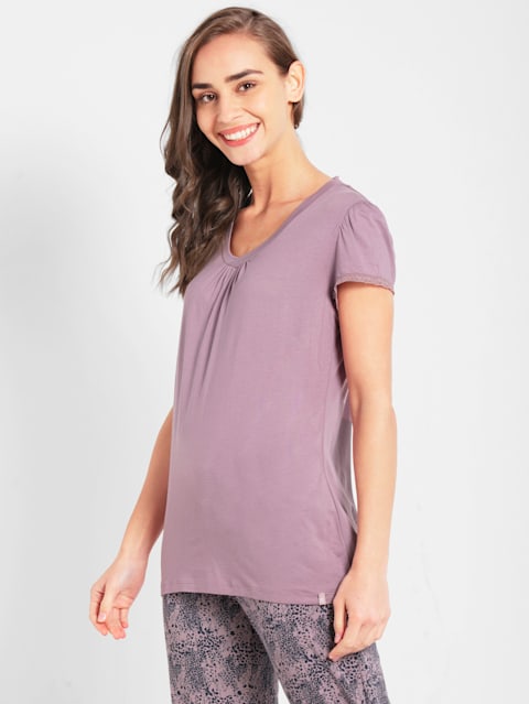 Women's Micro Modal Cotton Relaxed Fit Solid V Neck Half Sleeve T-Shirt with Lace Trim On Sleeves - Old Rose