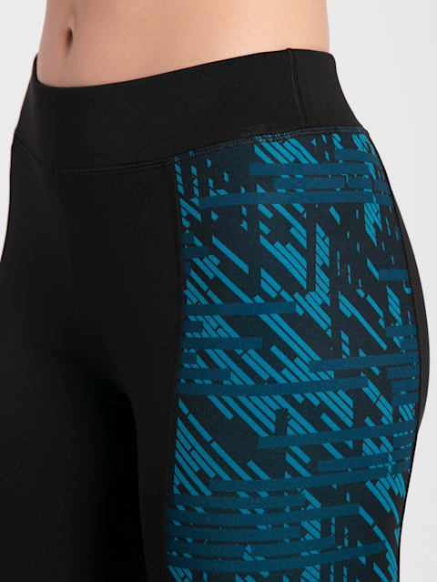 Women's Microfiber Elastane Stretch Panel Printed Performance Leggings with Coin Pocket and Stay Dry Technology - Black