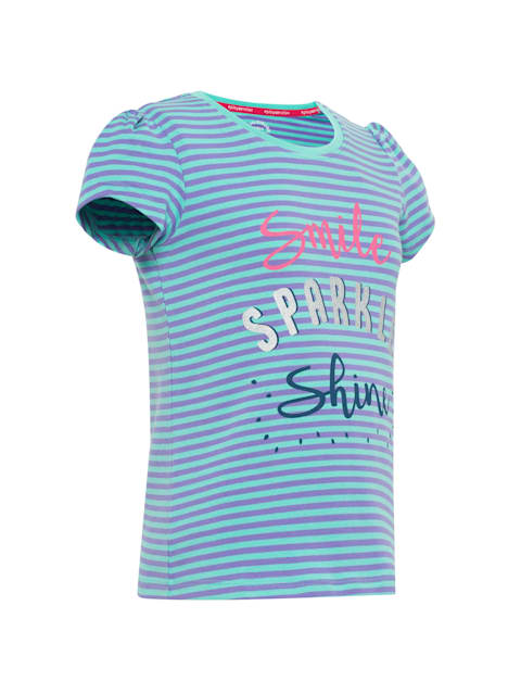 Girl's Super Combed Cotton Elastane Stretch Rib Fabric Striped Regular Fit Short Sleeve T-Shirt - Aster Purple & Pool Blue Printed