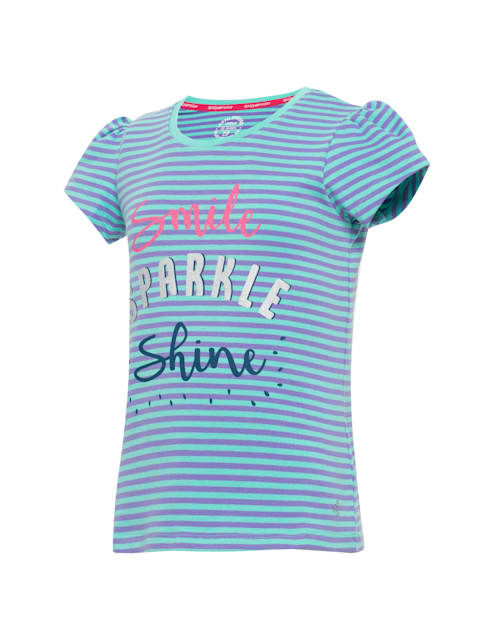 Girl's Super Combed Cotton Elastane Stretch Rib Fabric Striped Regular Fit Short Sleeve T-Shirt - Aster Purple & Pool Blue Printed