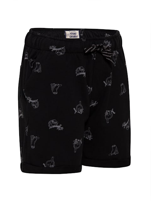 Boy's Super Combed Cotton French Terry Printed Shorts with Pockets and Turn Up Hem Styling - Black Printed