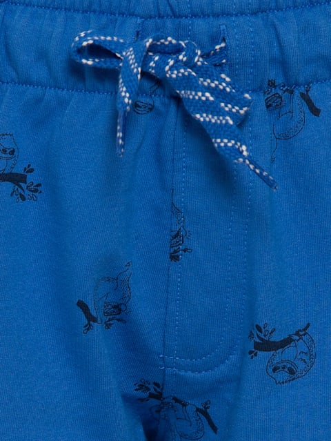 Boy's Super Combed Cotton French Terry Printed Shorts with Pockets and Turn Up Hem Styling - Palace Blue Printed