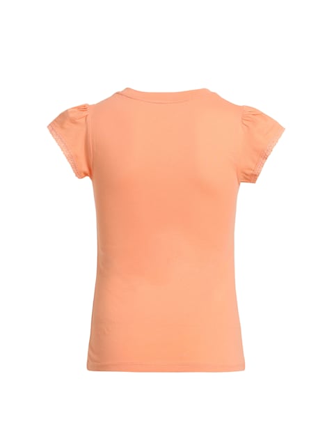 Girl's Super Combed Cotton Solid Relaxed Fit Short Sleeve T-Shirt with Lace Trims On Sleeve - Coral Reef