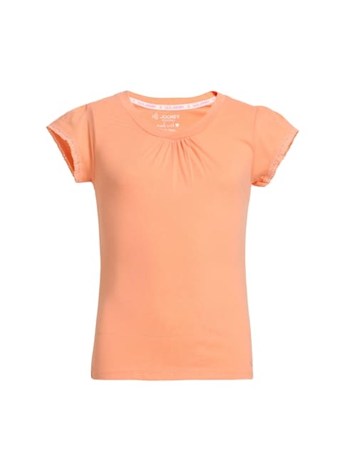 Girl's Super Combed Cotton Solid Relaxed Fit Short Sleeve T-Shirt with Lace Trims On Sleeve - Coral Reef
