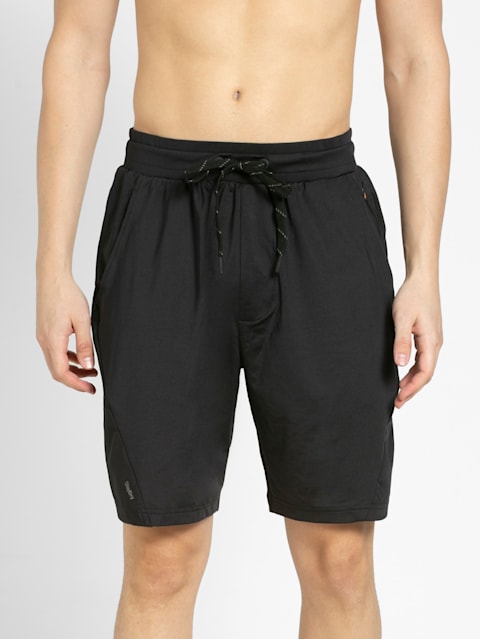 Men's Microfiber Elastane Stretch Straight Fit Solid Shorts with Zipper Pockets and Stay Fresh Treatment - Black
