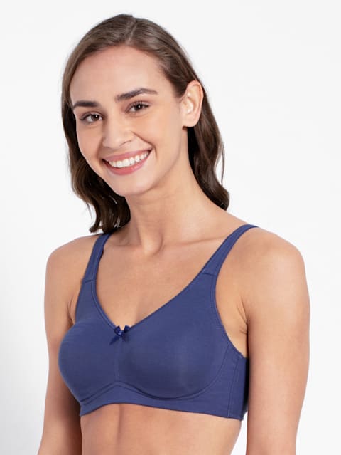 Women's Wirefree Non Padded Super Combed Cotton Elastane Stretch Full Coverage Everyday Bra with Concealed Shaper Panel and Broad Fabric Straps - Deep Cobalt