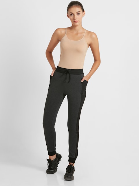 Women's Super Combed Cotton Elastane Stretch Slim Fit Joggers With Side Pockets - Black Melange
