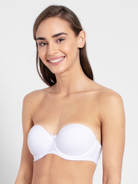 Women's Under-Wired Padded Super Combed Cotton Elastane Stretch Full Coverage Multiway Styling Strapless Bra with Ultra-Grip Support Band - White