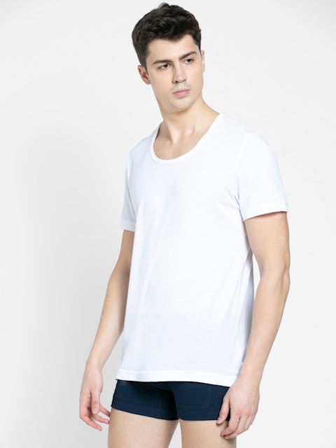 Men's Super Combed Cotton Round Neck Half Sleeved Vest with Stay Fresh Properties - White