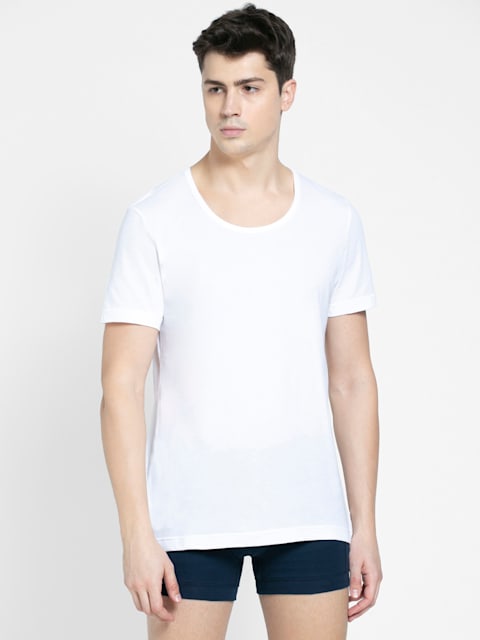 Men's Super Combed Cotton Round Neck Half Sleeved Vest with Stay Fresh Properties - White