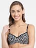 Women's Wirefree Padded Super Combed Cotton Elastane Stretch Medium Coverage Lace Styling Printed T-Shirt Bra with Adjustable Straps - Black