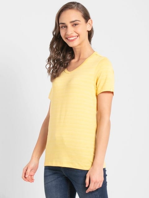 Women's Super Combed Cotton Elastane Stretch Regular Fit Striped V Neck Half Sleeve T-Shirt - Banana Cream