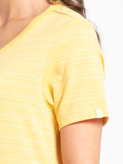Women's Super Combed Cotton Elastane Stretch Regular Fit Striped V Neck Half Sleeve T-Shirt - Banana Cream