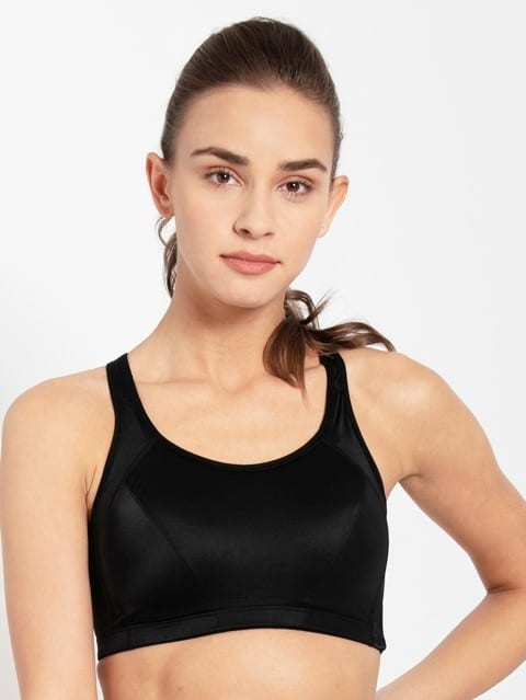 Women's Wirefree Padded Microfiber Elastane Stretch Full Coverage Sports Bra with Optional Racer Back Styling and Stay Dry Treatment - Black