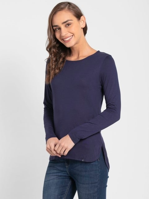Women's Micro Modal Cotton Relaxed Fit Solid Round Neck Full Sleeve T-Shirt - Classic Navy